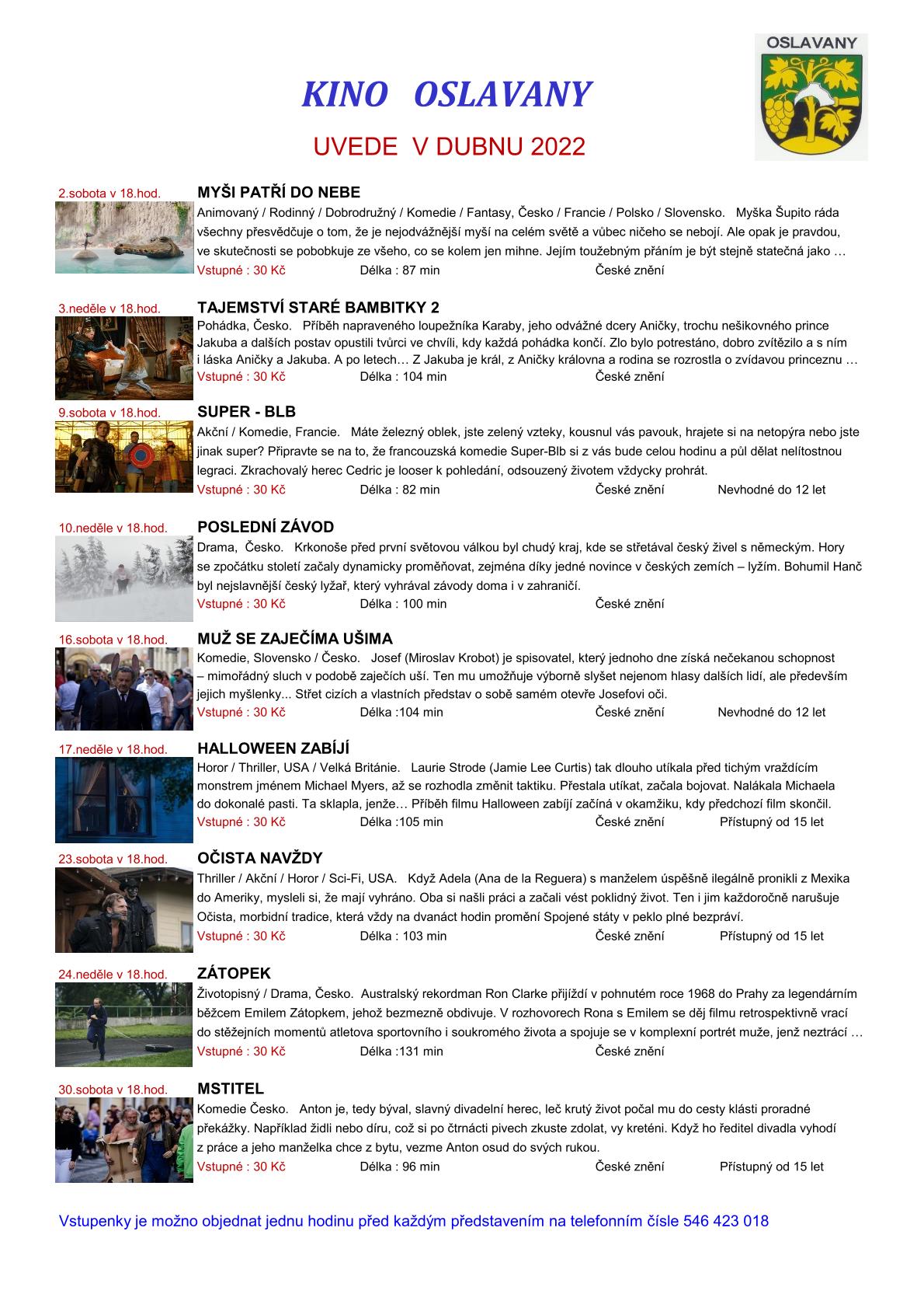 Kino Oslavany - program duben 2022